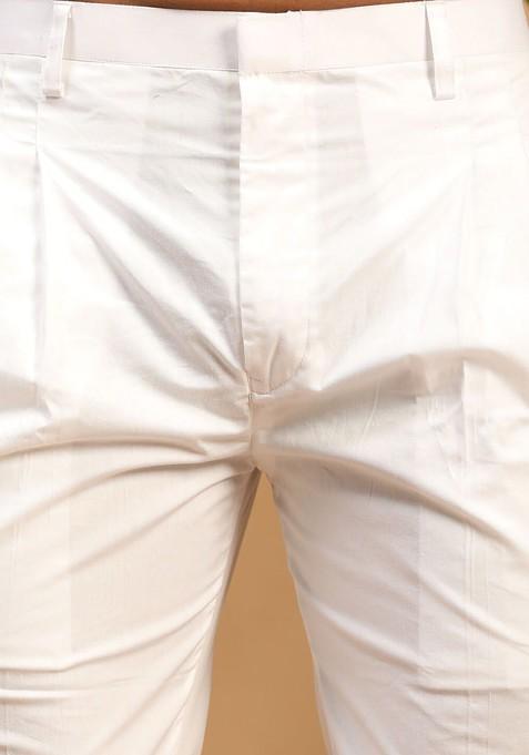 White Ethnic Motifs Cotton Kurta Set For Men