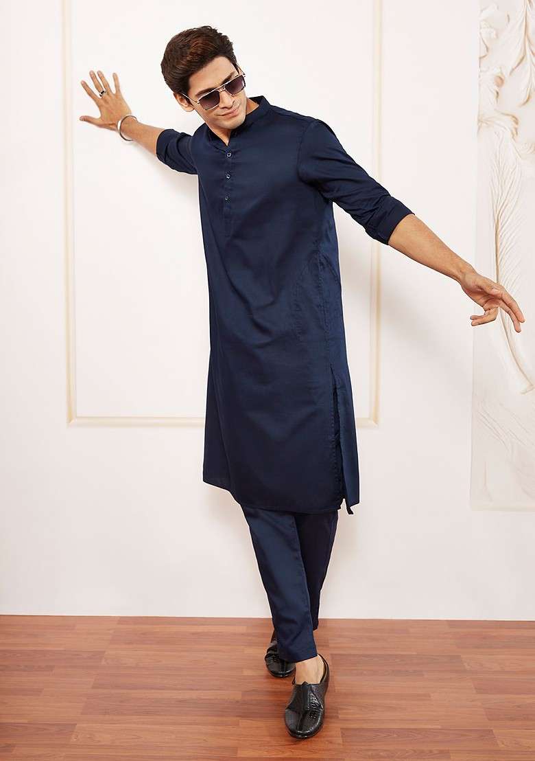 Navy Blue Solid Poly Blend Kurta Set For Men - Indya