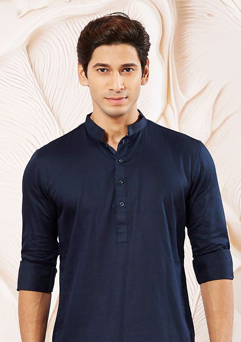 Navy Blue Solid Poly Blend Kurta Set For Men - Indya