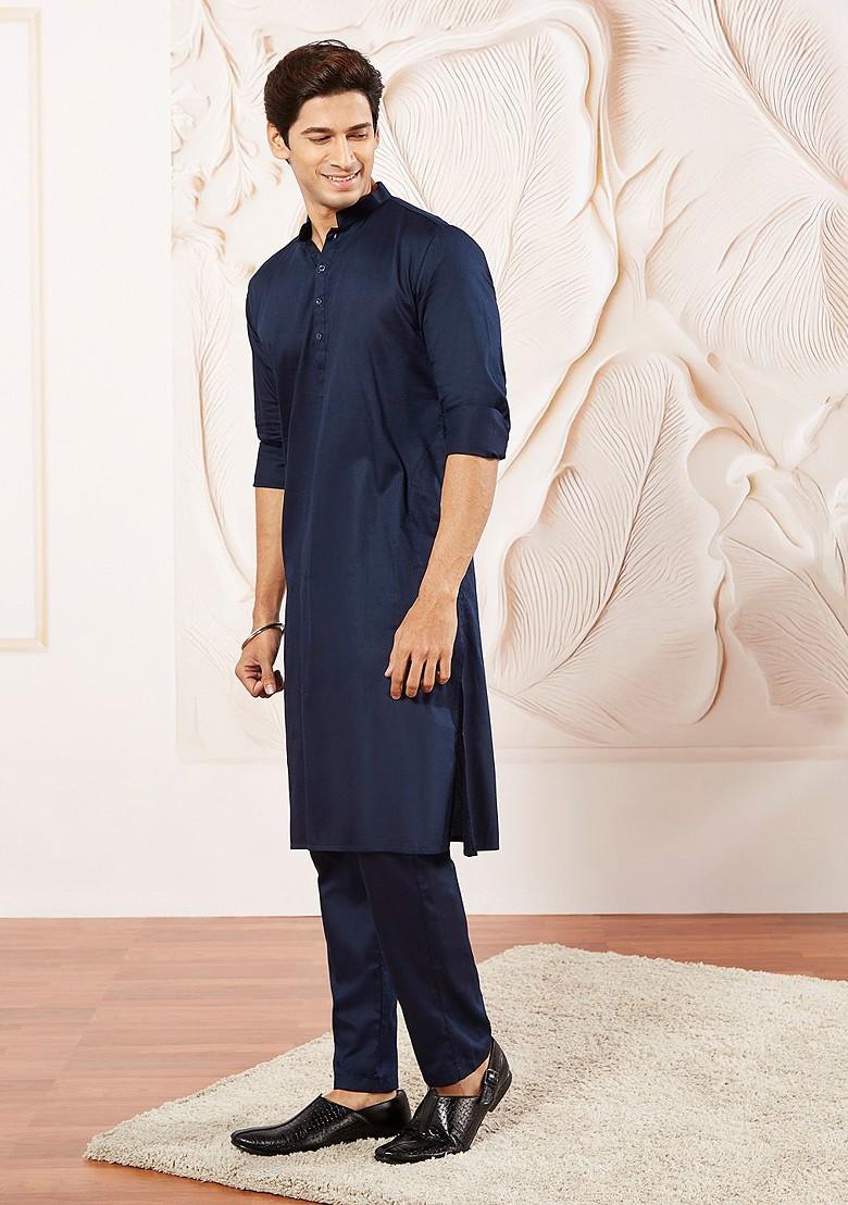 Navy Blue Solid Poly Blend Kurta Set For Men