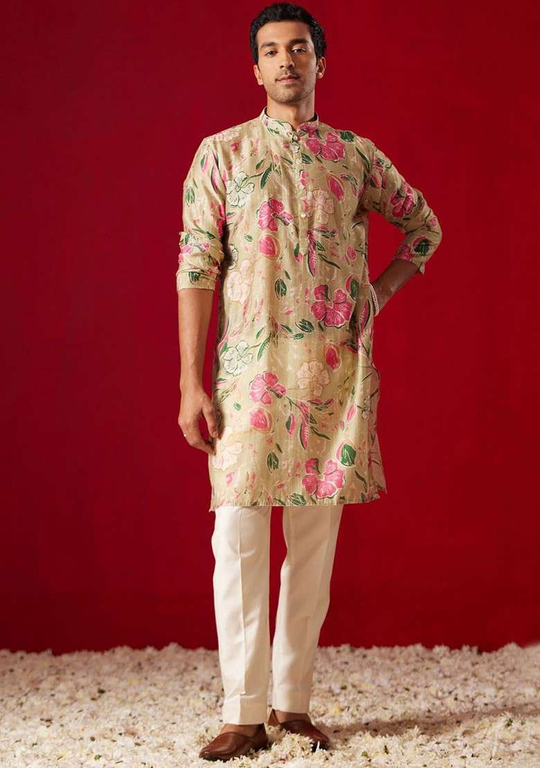 Brown Floral Print Poly Blend Kurta Set For Men - Indya