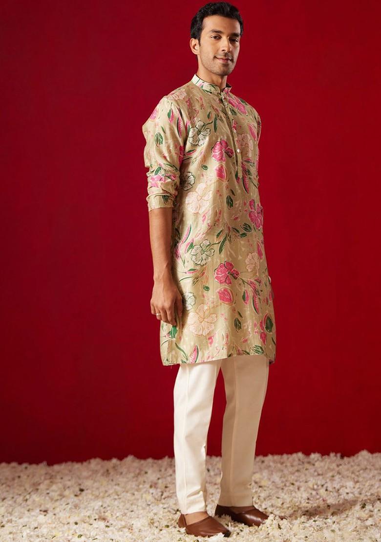 Brown Floral Print Poly Blend Kurta Set For Men