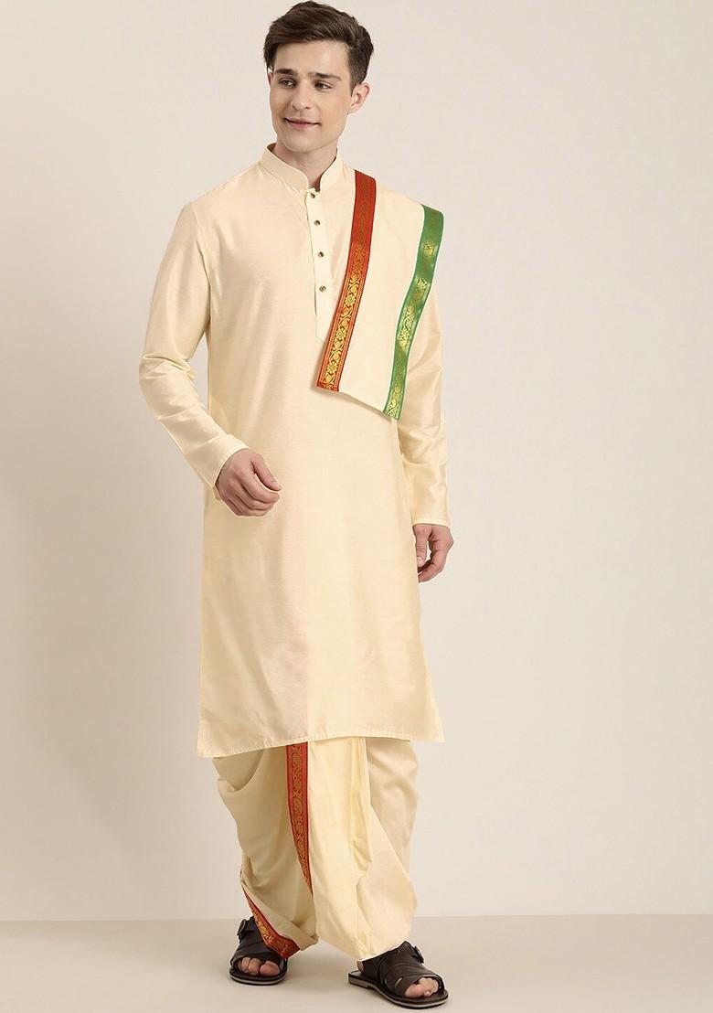Cream Solid Poly Blend Kurta Set For Men