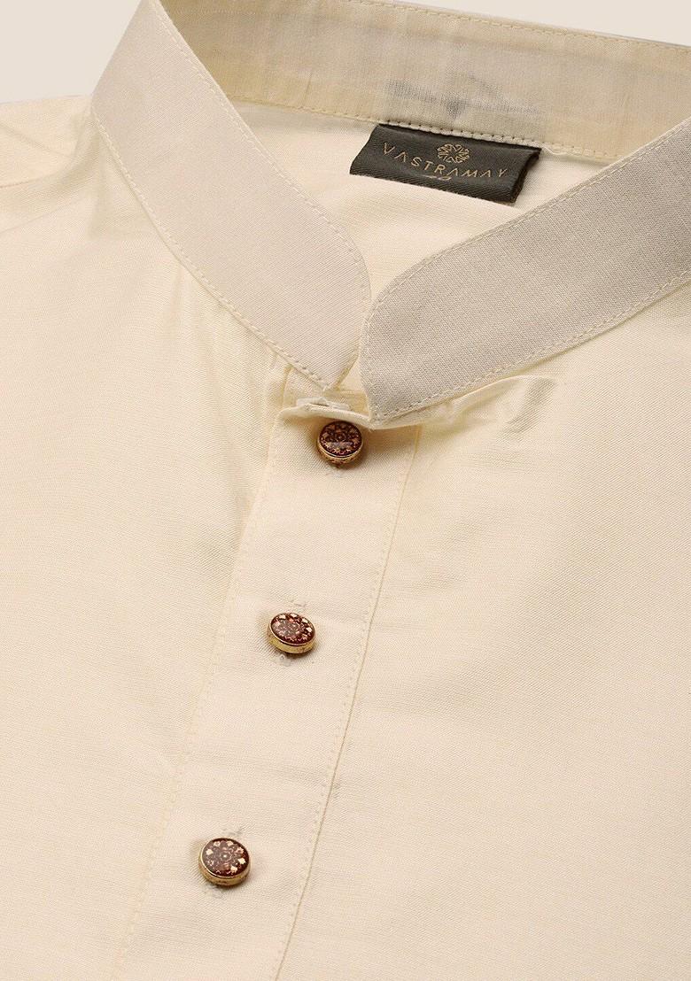 Cream Solid Poly Blend Kurta Set For Men