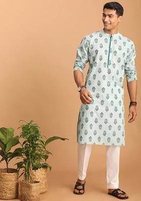 Turquoise Blue Ethnic Motifs Cotton Kurta Set For Men