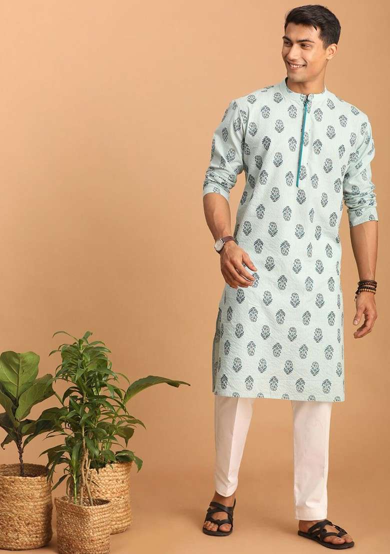 Turquoise Blue Ethnic Motifs Cotton Kurta Set For Men - Indya