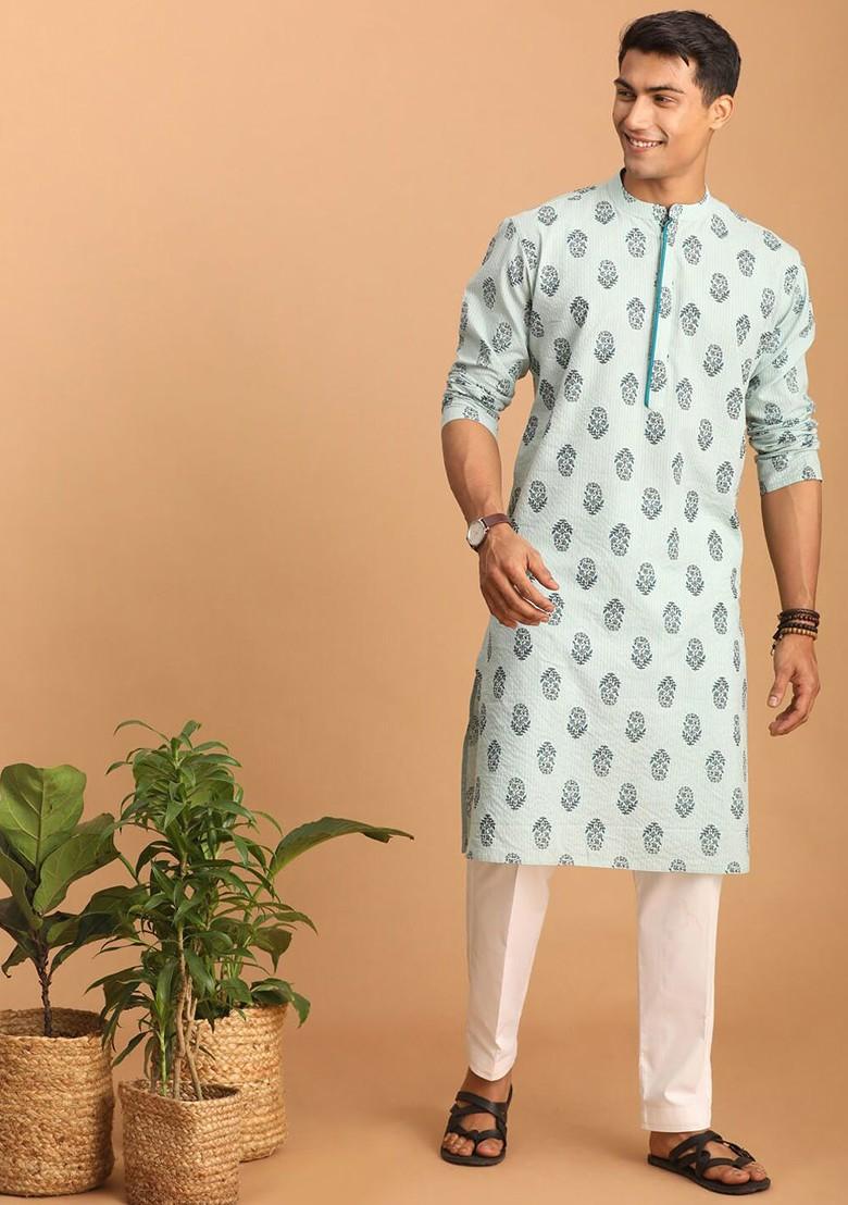 Turquoise Blue Ethnic Motifs Cotton Kurta Set For Men