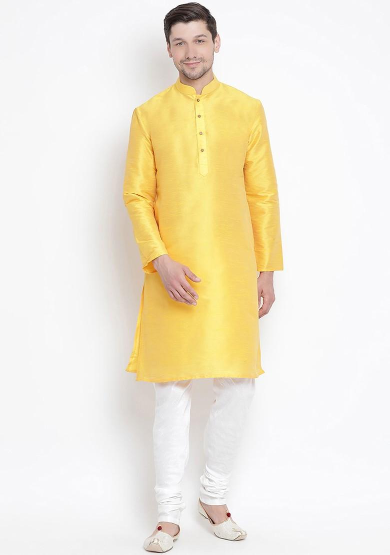 Yellow Solid Poly Blend Kurta Set For Men