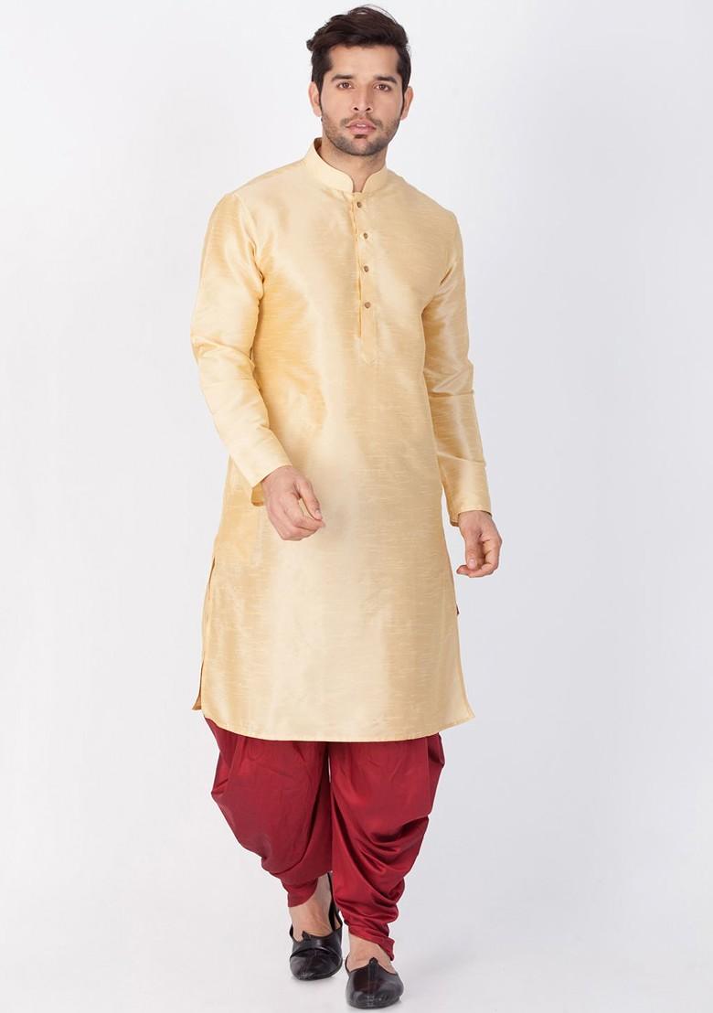 Gold Solid Poly Blend Kurta Set For Men