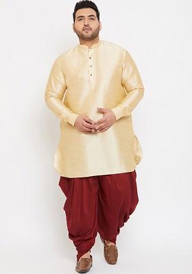 Gold Solid Poly Blend Kurta Set For Men