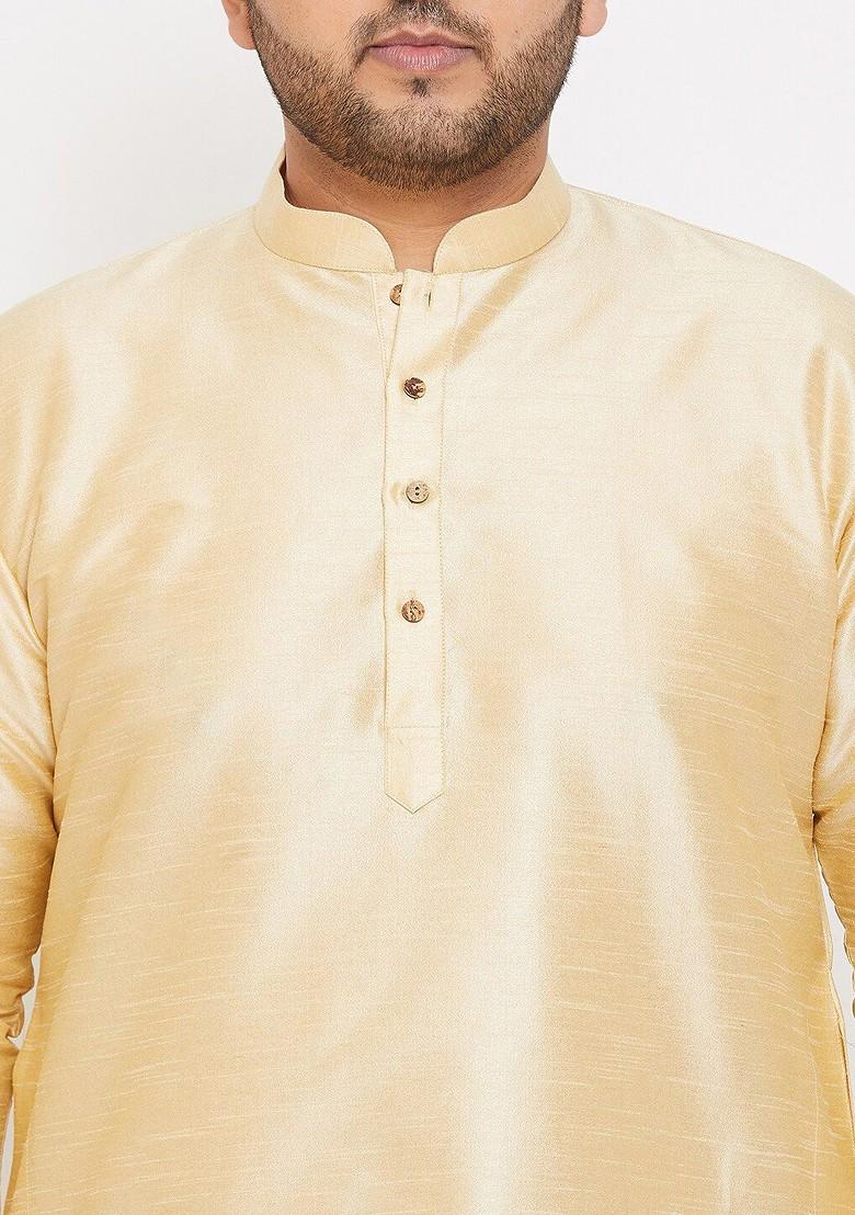 Gold Solid Poly Blend Kurta Set For Men