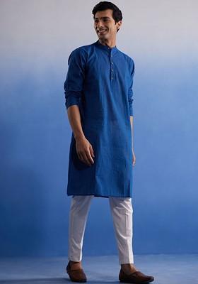 Blue Solid Cotton Kurta Set For Men