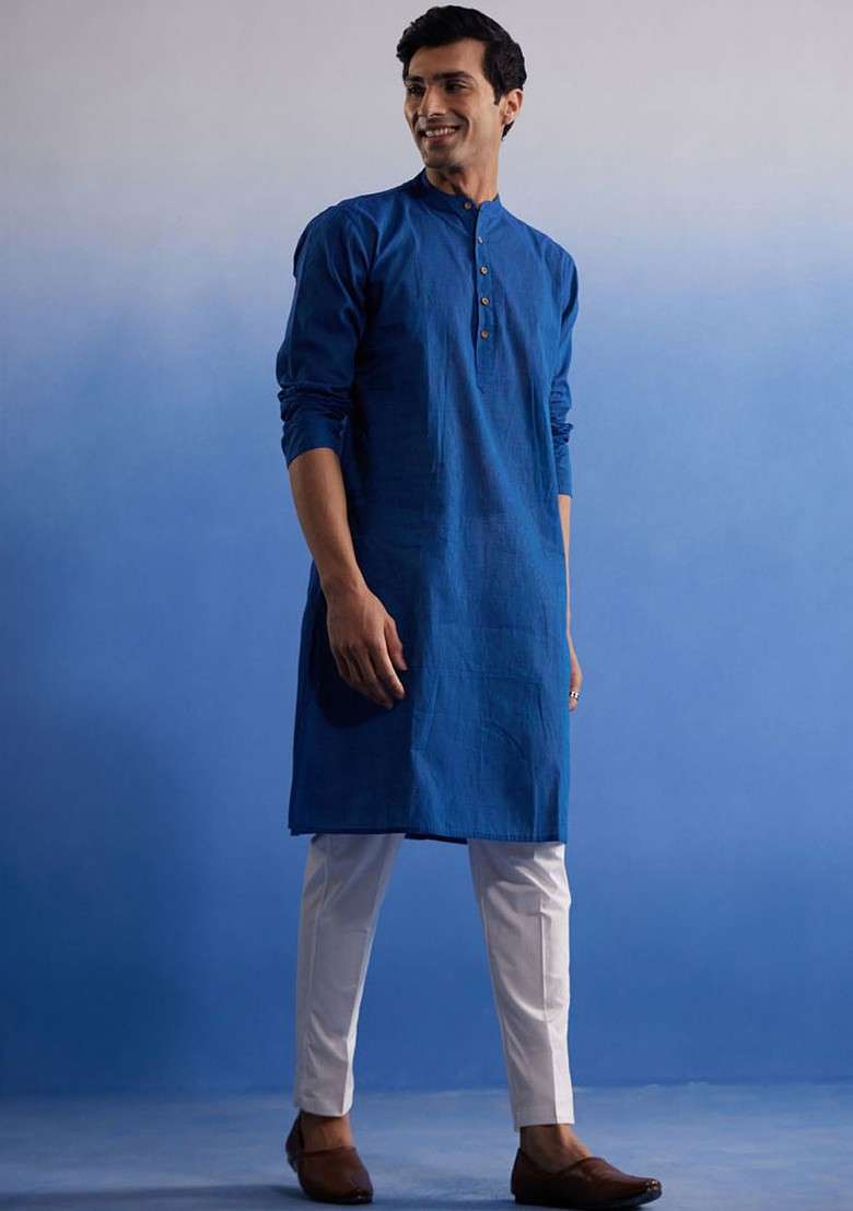 Blue Solid Cotton Kurta Set For Men - Indya