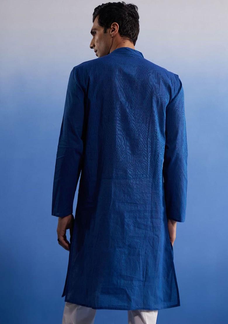 Blue Solid Cotton Kurta Set For Men