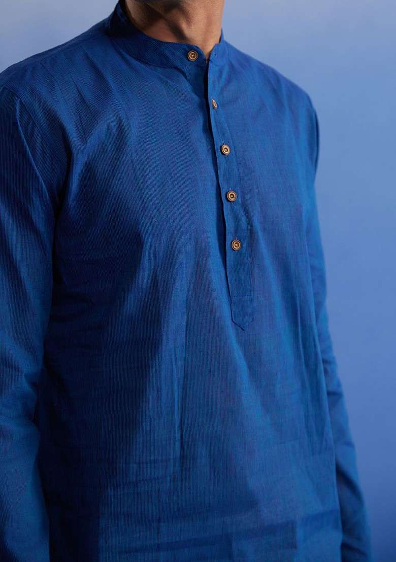 Blue Solid Cotton Kurta Set For Men - Indya