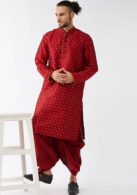 Maroon Solid Poly Blend Kurta Set For Men