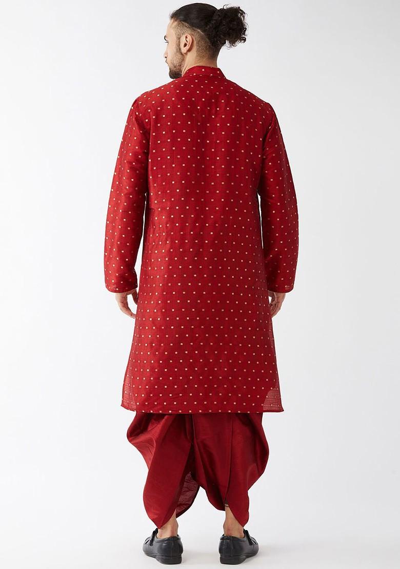 Maroon Solid Poly Blend Kurta Set For Men