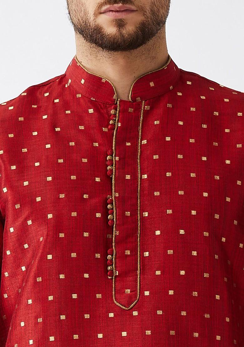 Maroon Solid Poly Blend Kurta Set For Men