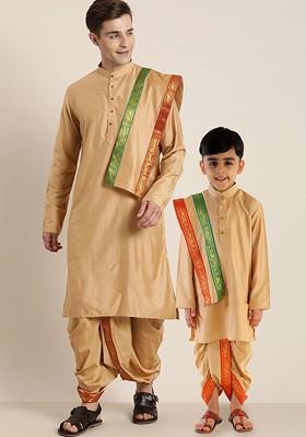Rose Gold Solid Poly Blend Kurta Set For Men
