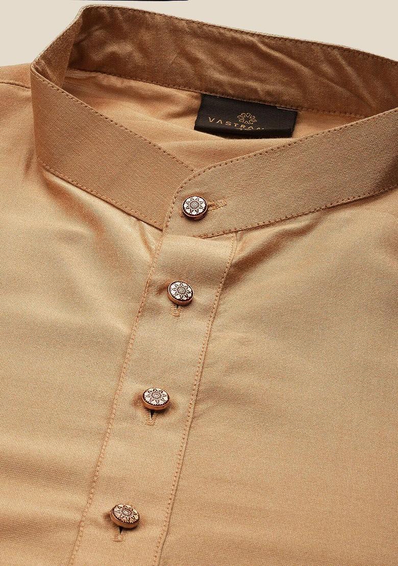 Rose Gold Solid Poly Blend Kurta Set For Men