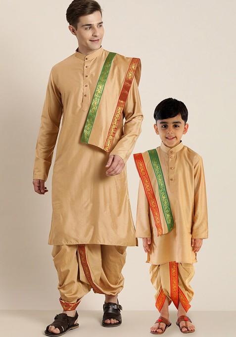 Rose Gold Solid Poly Blend Kurta Set For Men