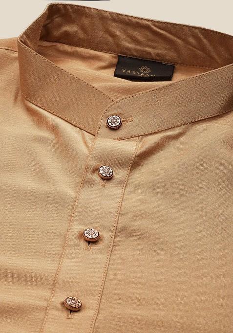 Rose Gold Solid Poly Blend Kurta Set For Men