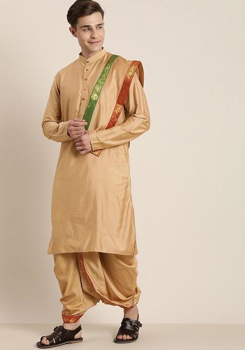 Rose Gold Solid Poly Blend Kurta Set For Men
