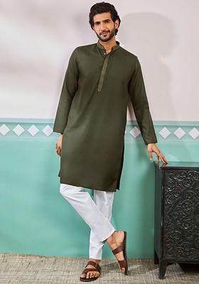 Olive Thread Work Poly Blend Kurta Set For Men