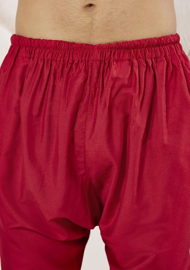 Red Solid Poly Blend Kurta Set For Men