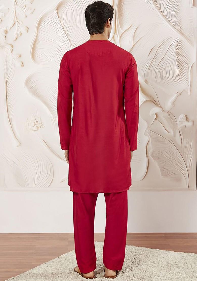 Red Solid Poly Blend Kurta Set For Men