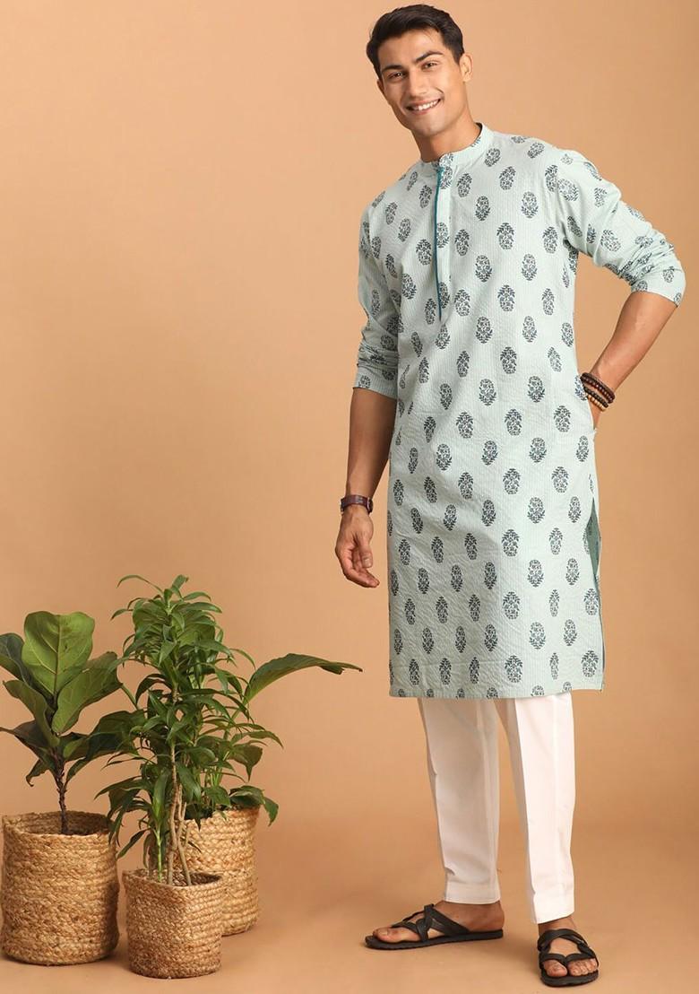 Turquoise Blue Floral Print Cotton Kurta Set For Men
