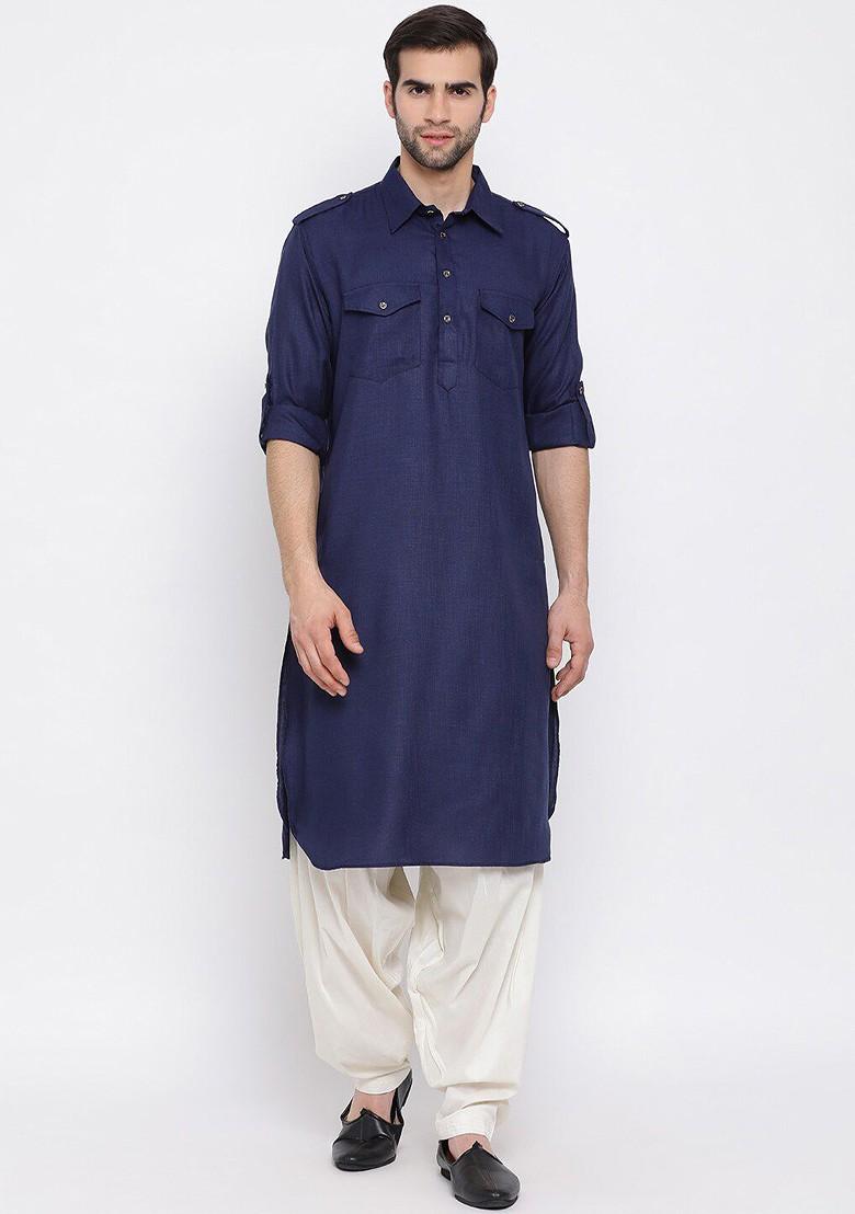 Blue Solid Poly Blend Kurta Set For Men