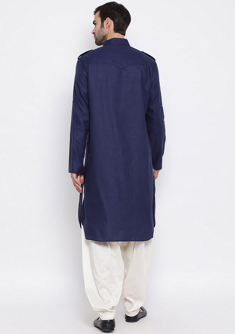 Blue Solid Poly Blend Kurta Set For Men