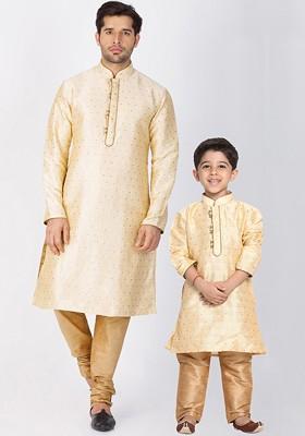 Gold Solid Poly Blend Kurta Set For Men