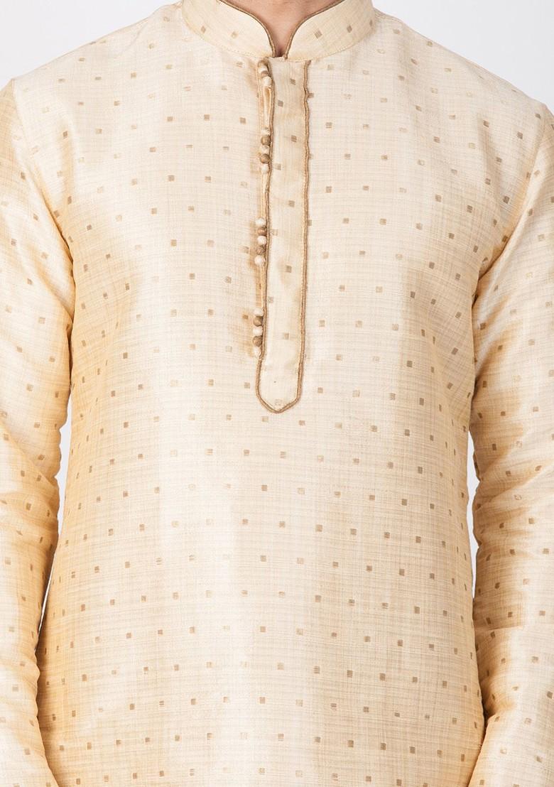 Gold Solid Poly Blend Kurta Set For Men