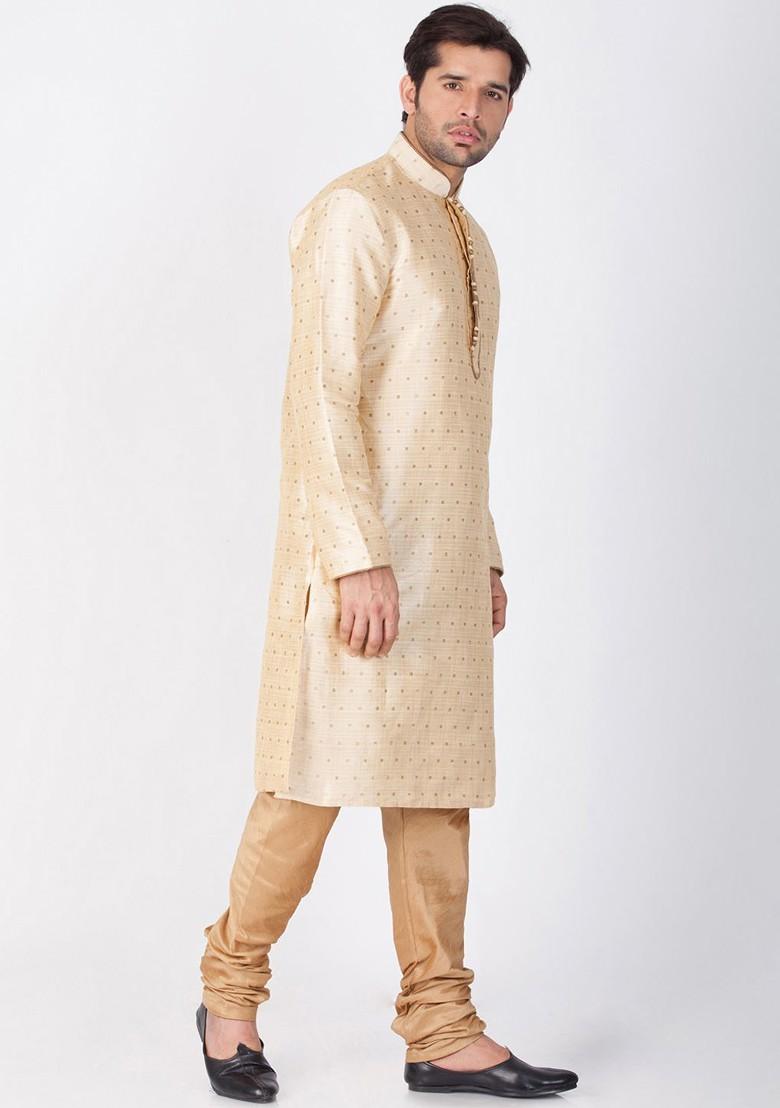 Gold Solid Poly Blend Kurta Set For Men