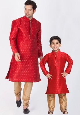 Red Printed Poly Blend Kurta Set For Men