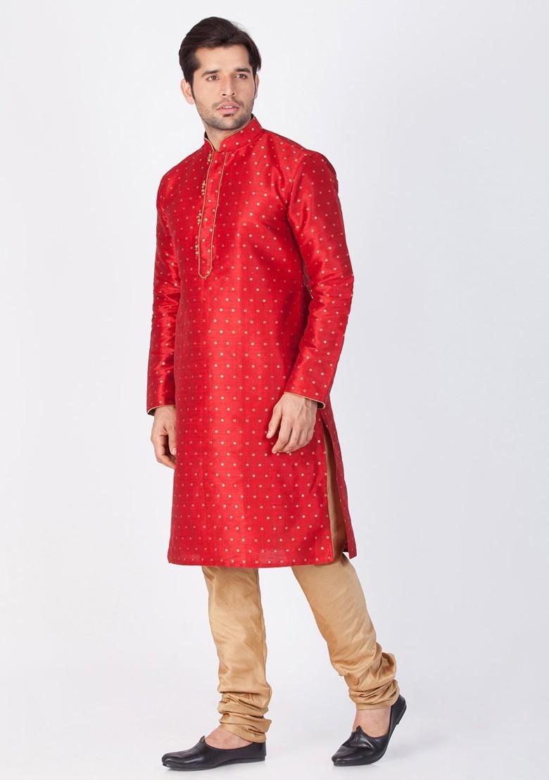 Red Printed Poly Blend Kurta Set For Men