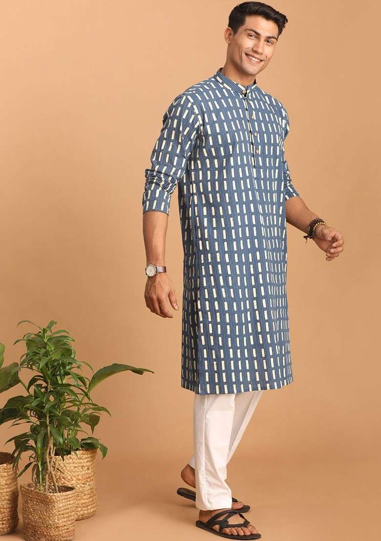 Teal Geometric Print Cotton Kurta Set For Men - Indya
