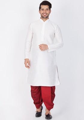 White Solid Silk Kurta Set For Men