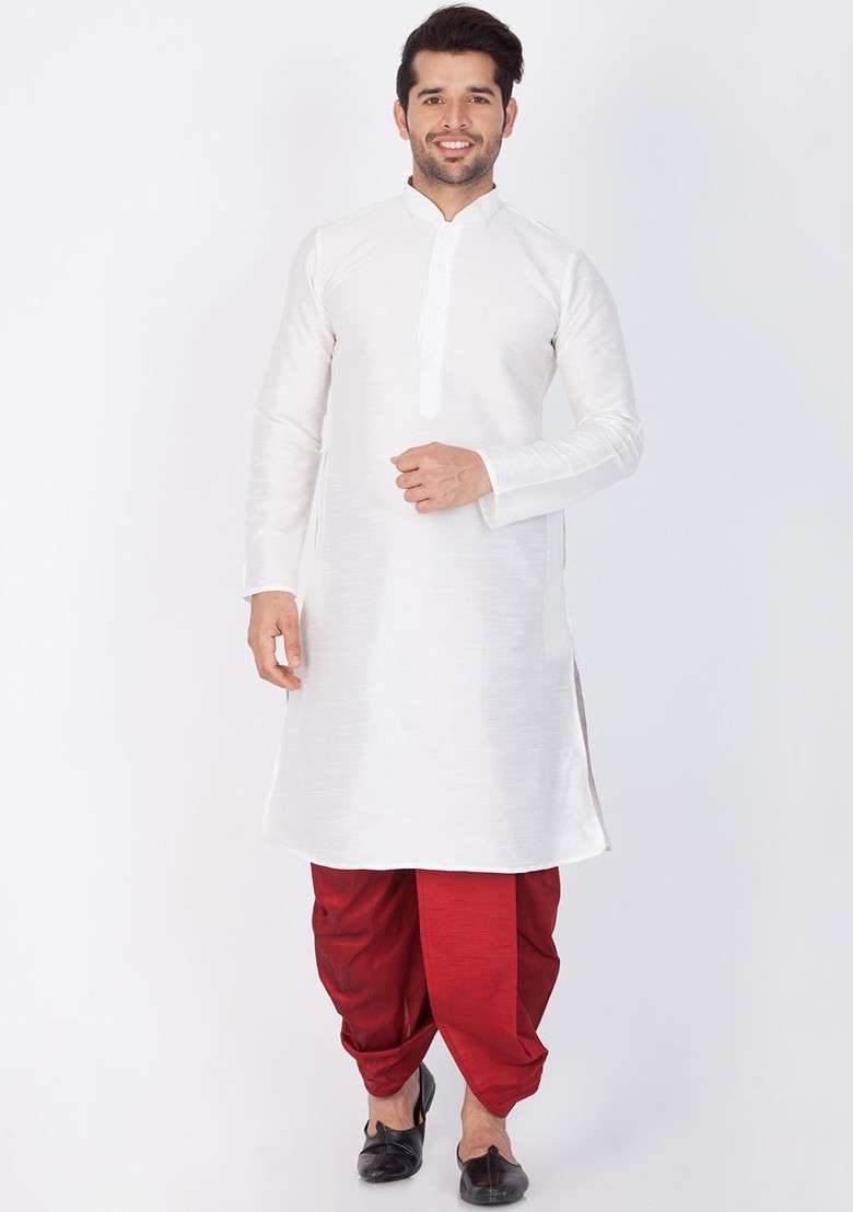 White Solid Silk Blend Kurta Set For Men - Indya