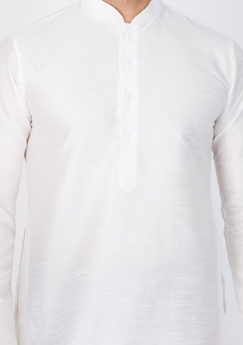 White Solid Silk Kurta Set For Men