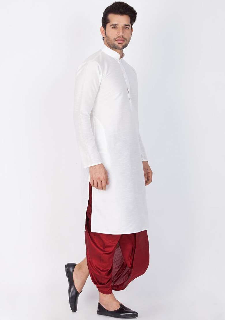 White Solid Silk Blend Kurta Set For Men - Indya