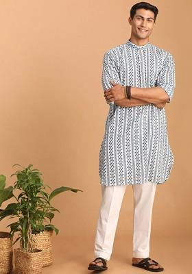 White Printed Cotton Kurta Set For Men