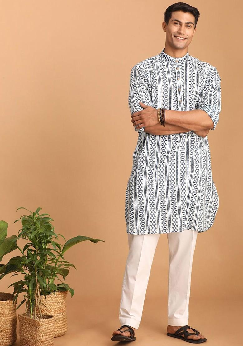 White Printed Cotton Kurta Set For Men