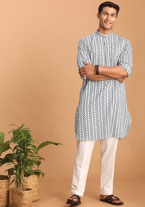 White Printed Cotton Kurta Set For Men