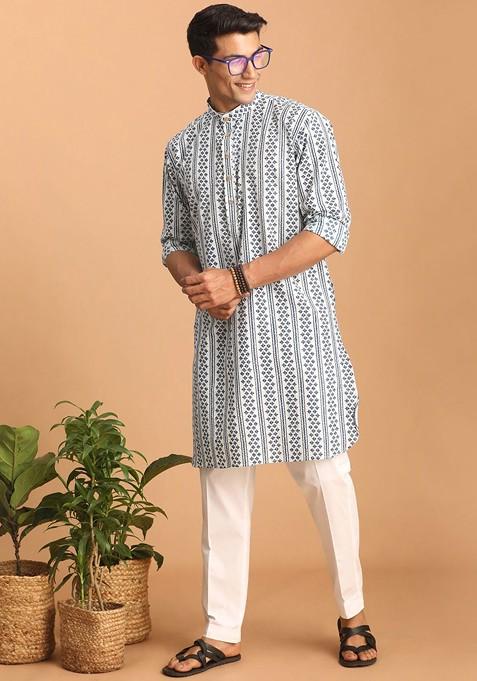 White Printed Cotton Kurta Set For Men