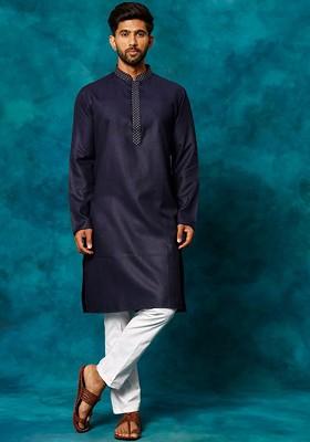 Navy Blue Solid Poly Blend Kurta Set For Men