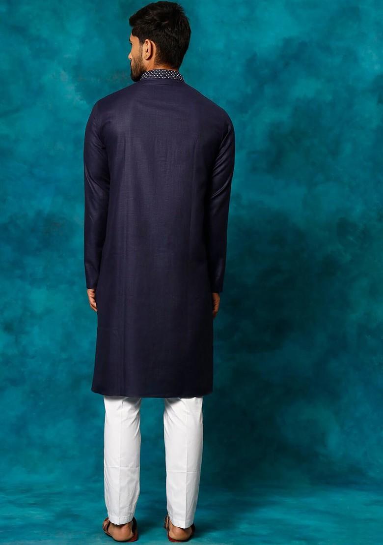 Navy Blue Solid Poly Blend Kurta Set For Men