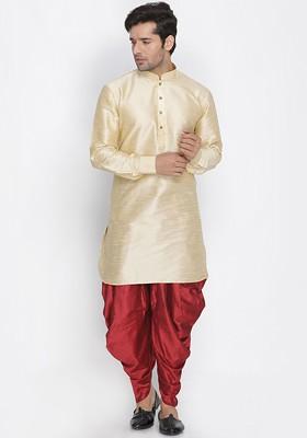 Gold Solid Poly Blend Kurta Set For Men